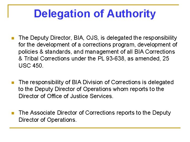 Delegation of Authority n The Deputy Director, BIA, OJS, is delegated the responsibility for