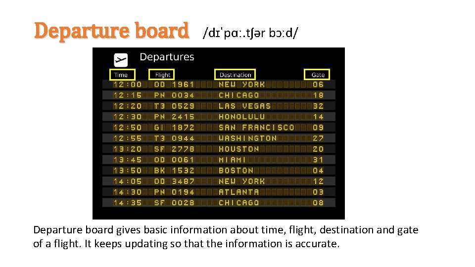 Departure board /dɪˈpɑː. tʃər bɔːd/ Departure board gives basic information about time, flight, destination