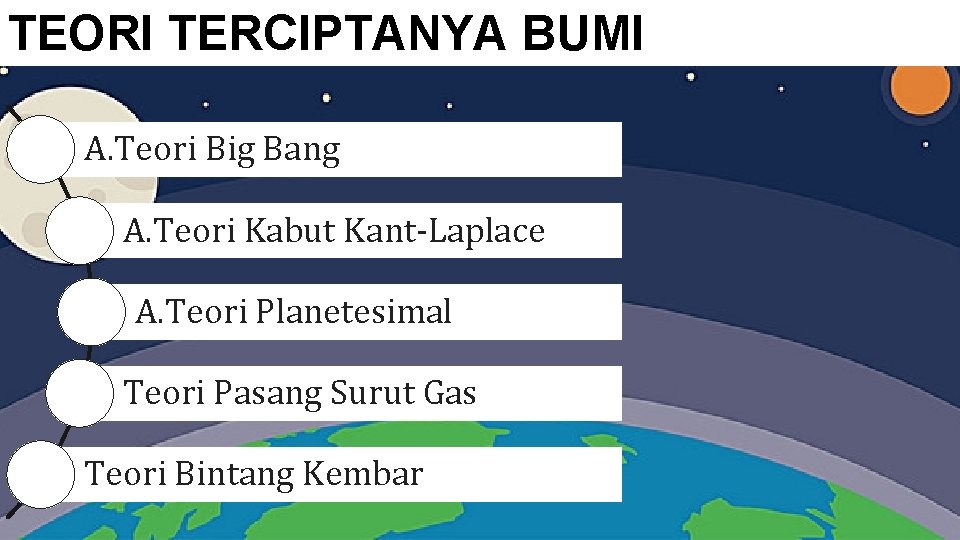TEORI TERCIPTANYA BUMI A. Teori Big Bang A. Teori Kabut Kant-Laplace A. Teori Planetesimal TEORI TERCIPTANYA BUMI A. Teori Big Bang A. Teori Kabut Kant-Laplace A. Teori Planetesimal