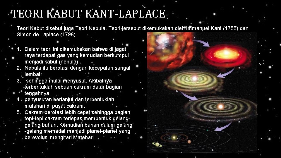 TEORI KABUT KANT-LAPLACE Teori Kabut disebut juga Teori Nebula. Teori tersebut dikemukakan oleh Immanuel TEORI KABUT KANT-LAPLACE Teori Kabut disebut juga Teori Nebula. Teori tersebut dikemukakan oleh Immanuel