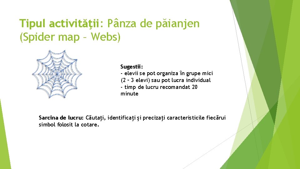 Tipul activităţii: Pânza de păianjen (Spider map – Webs) Sugestii: - elevii se pot