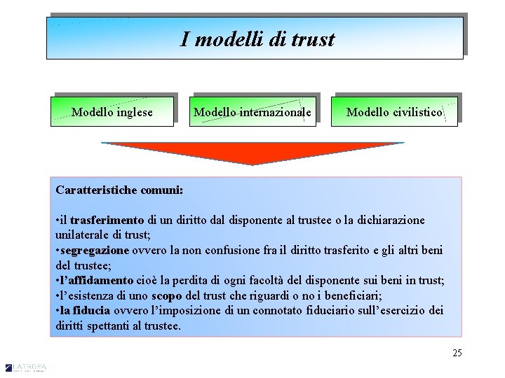  I modelli di trust Modello inglese Modello internazionale Modello civilistico Caratteristiche comuni: •