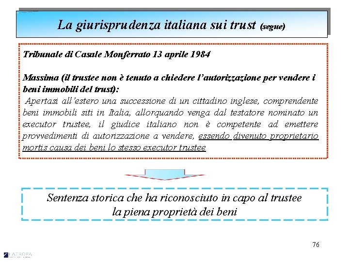 La giurisprudenza italiana sui trust (segue) Tribunale di Casale Monferrato 13 aprile 1984 Massima