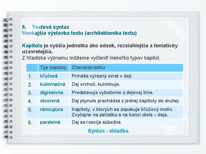 6. Textová syntax Vonkajšia výstavba textu (architektonika textu) Kapitola je vyššia jednotka ako odsek,