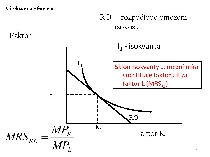 Výrobcovy preference: RO - rozpočtové omezení isokosta Faktor L I 1 - isokvanta I
