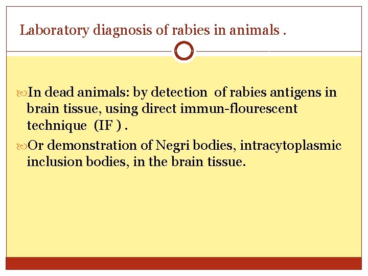 Laboratory diagnosis of rabies in animals. In dead animals: by detection of rabies antigens