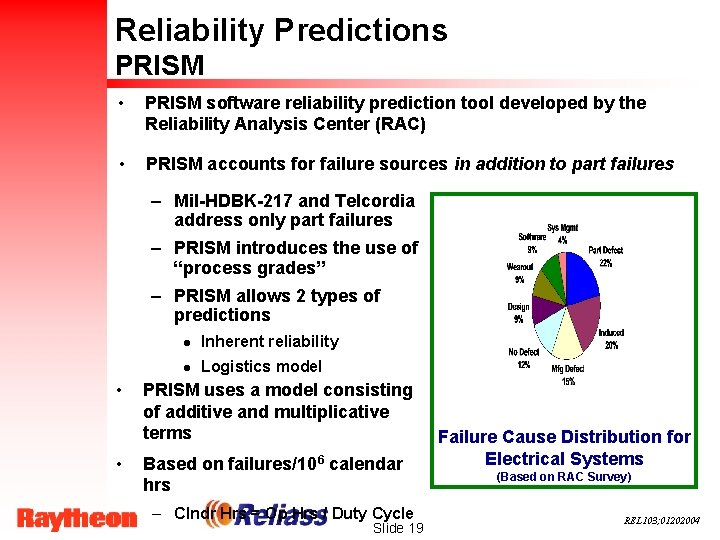 Reliability Predictions PRISM • PRISM software reliability prediction tool developed by the Reliability Analysis