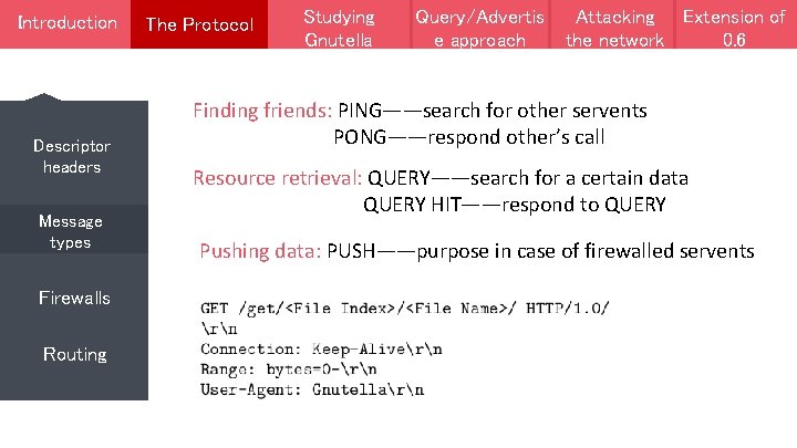 Introduction Descriptor headers Message types Firewalls Routing The Protocol Studying Gnutella Query/Advertis e approach