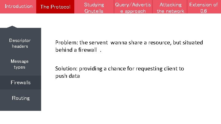 Introduction Descriptor headers Message types Firewalls Routing The Protocol Studying Gnutella Query/Advertis e approach