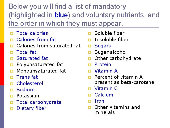 Below you will find a list of mandatory (highlighted in blue) and voluntary nutrients,