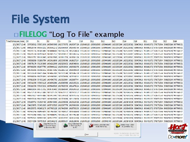 File System � FILELOG “Log To File” example 