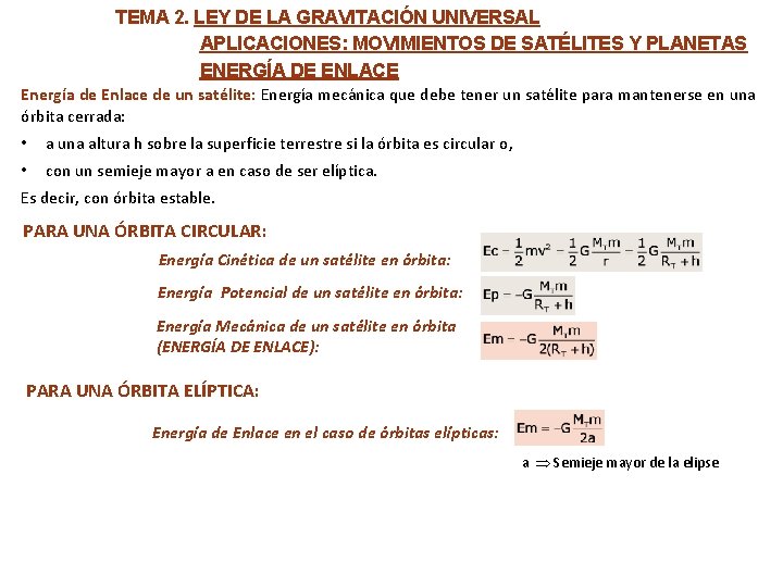 TEMA 2. LEY DE LA GRAVITACIÓN UNIVERSAL APLICACIONES: MOVIMIENTOS DE SATÉLITES Y PLANETAS ENERGÍA