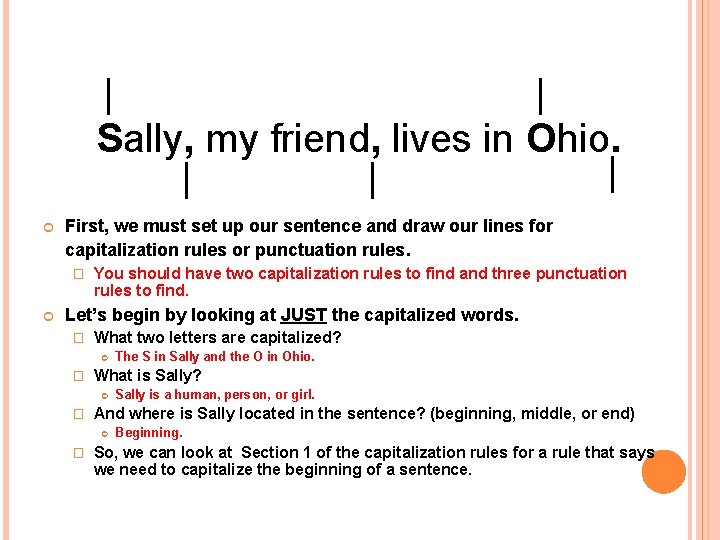 Sally, my friend, lives in Ohio. First, we must set up our sentence and