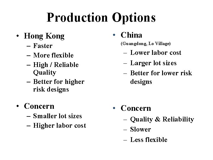 Production Options • Hong Kong – Faster – More flexible – High / Reliable