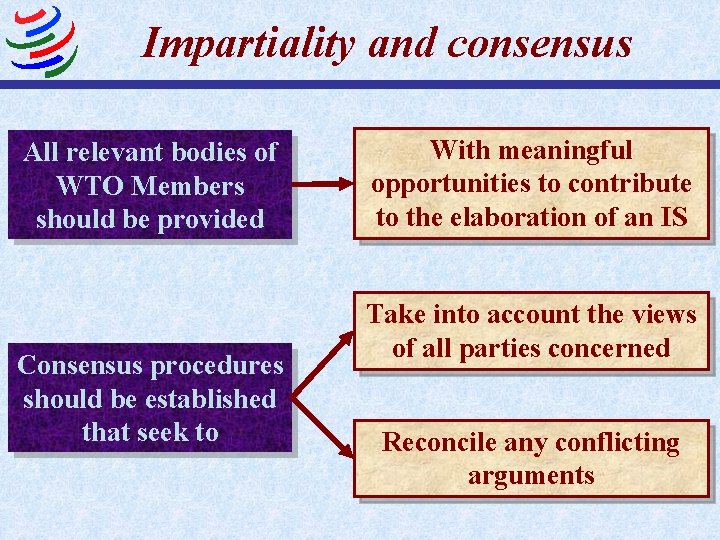 Impartiality and consensus All relevant bodies of WTO Members should be provided Consensus procedures