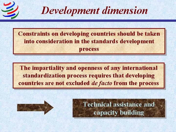 Development dimension Constraints on developing countries should be taken into consideration in the standards