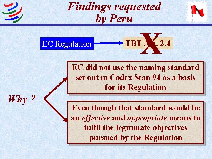 Findings requested by Peru EC Regulation X TBT Art. 2. 4 EC did not