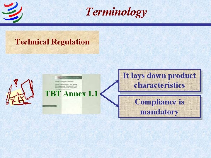 Terminology Technical Regulation TBT Annex 1. 1 It lays down product characteristics Compliance is