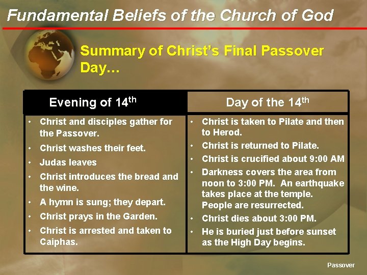 Fundamental Beliefs of the Church of God Summary of Christ’s Final Passover Day… Evening