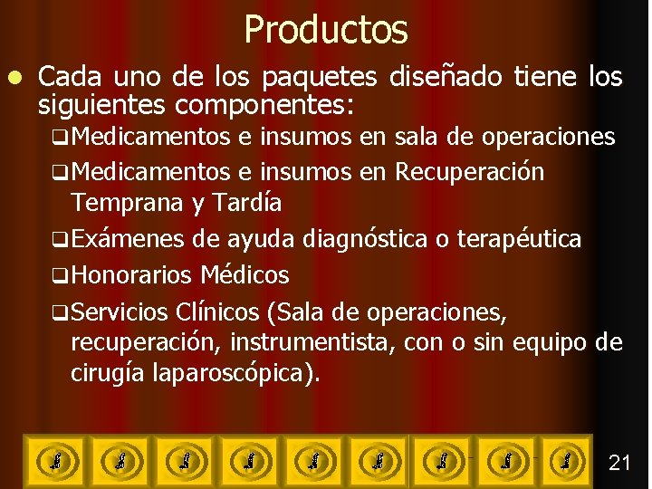 Productos l Cada uno de los paquetes diseñado tiene los siguientes componentes: q Medicamentos