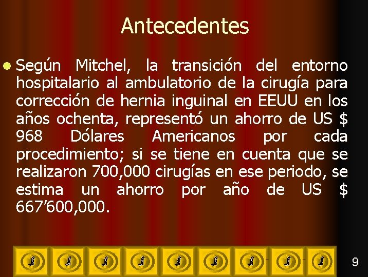 Antecedentes l Según Mitchel, la transición del entorno hospitalario al ambulatorio de la cirugía