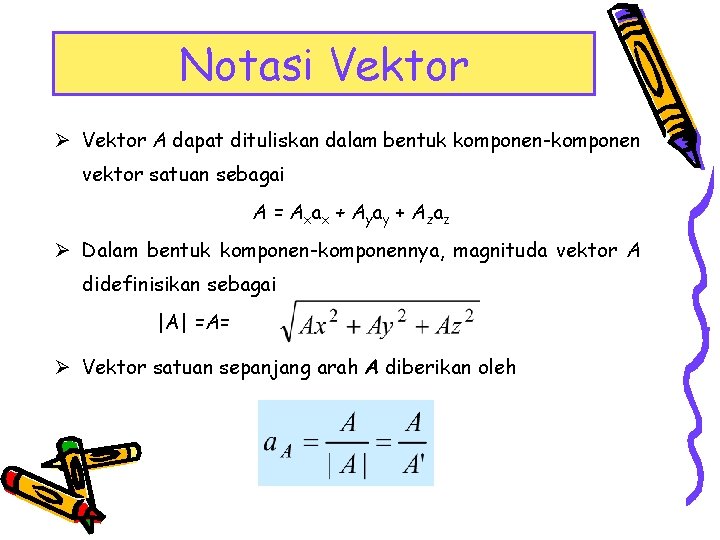 Notasi Vektor Ø Vektor A dapat dituliskan dalam bentuk komponen-komponen vektor satuan sebagai A