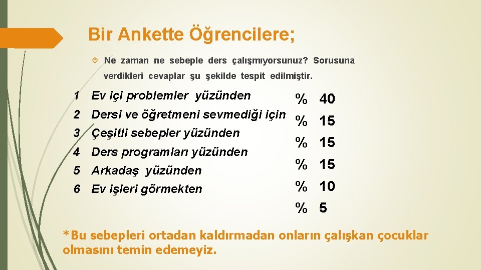 Bir Ankette Öğrencilere; Ne zaman ne sebeple ders çalışmıyorsunuz? Sorusuna verdikleri cevaplar şu şekilde