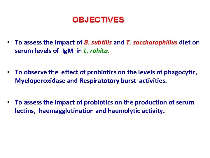 OBJECTIVES • To assess the impact of B. subtilis and T. saccharophillus diet on