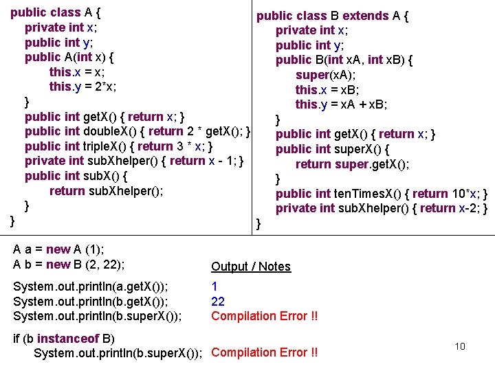 public class A { public class B extends A { private int x; public public class A { public class B extends A { private int x; public