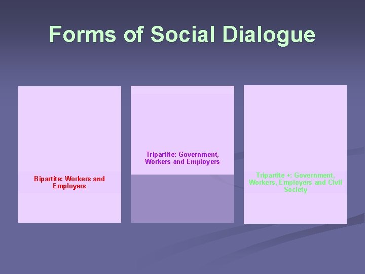 Forms of Social Dialogue Tripartite: Government, Workers and Employers Bipartite: Workers and Employers Tripartite
