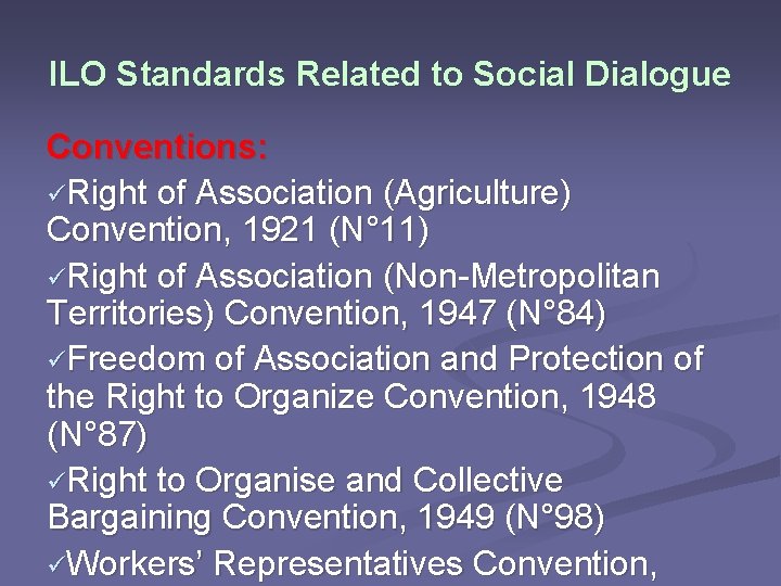 ILO Standards Related to Social Dialogue Conventions: üRight of Association (Agriculture) Convention, 1921 (N°