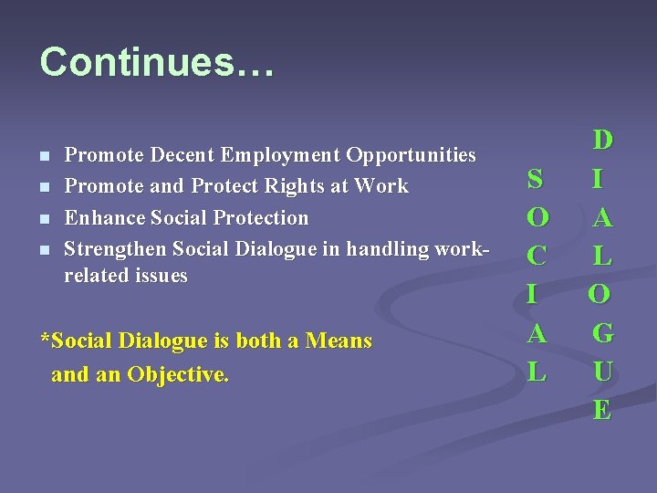 Continues… n n Promote Decent Employment Opportunities Promote and Protect Rights at Work Enhance