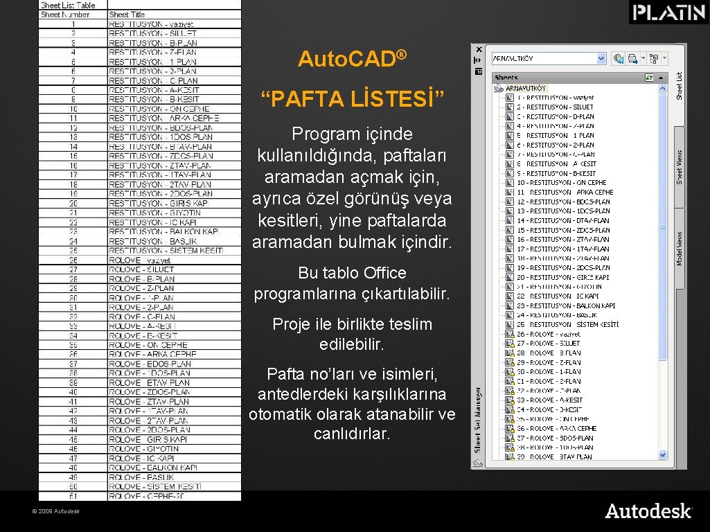 Auto. CAD® “PAFTA LİSTESİ” Program içinde kullanıldığında, paftaları aramadan açmak için, ayrıca özel görünüş
