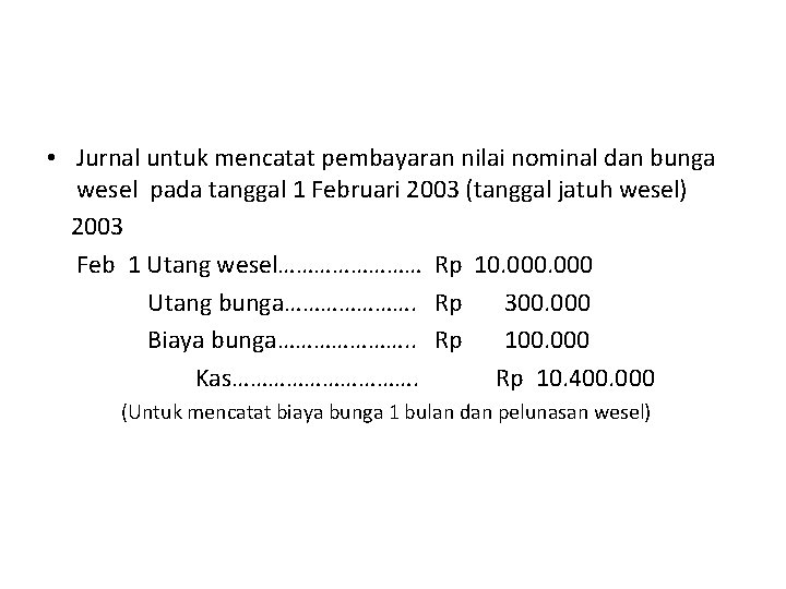  • Jurnal untuk mencatat pembayaran nilai nominal dan bunga wesel pada tanggal 1
