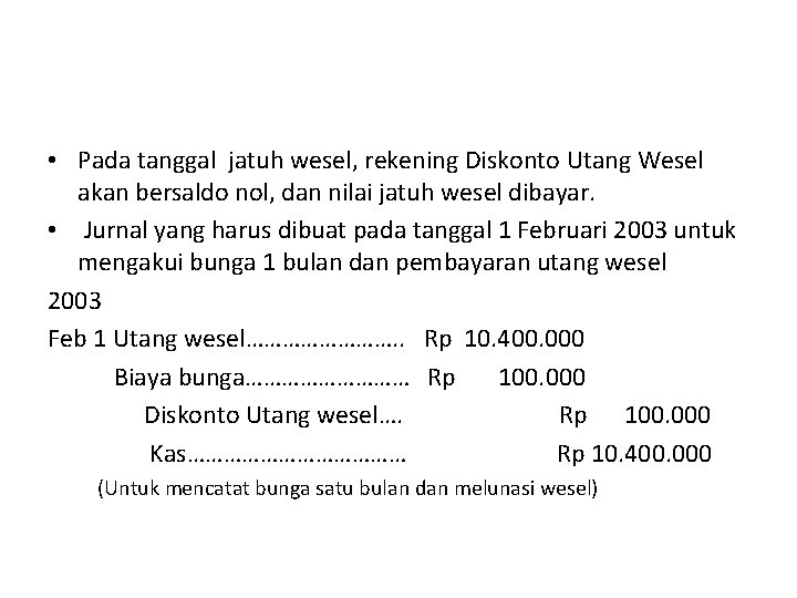  • Pada tanggal jatuh wesel, rekening Diskonto Utang Wesel akan bersaldo nol, dan