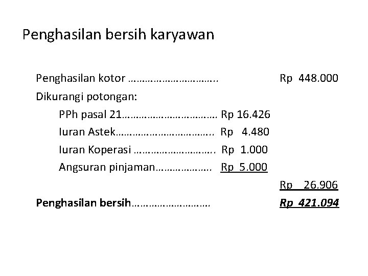 Penghasilan bersih karyawan Penghasilan kotor ……………. . Rp 448. 000 Dikurangi potongan: PPh pasal