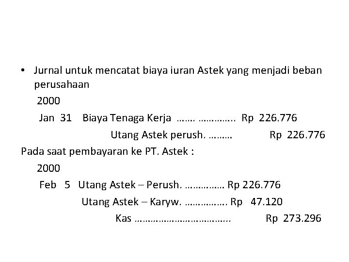  • Jurnal untuk mencatat biaya iuran Astek yang menjadi beban perusahaan 2000 Jan