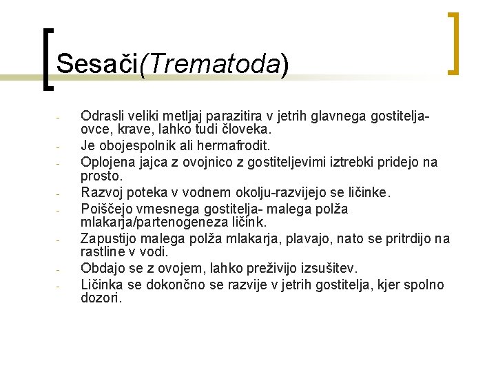 Sesači(Trematoda) - Odrasli veliki metljaj parazitira v jetrih glavnega gostiteljaovce, krave, lahko tudi človeka.
