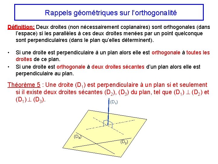 Rappels géométriques sur l’orthogonalité Définition: Deux droites (non nécessairement coplanaires) sont orthogonales (dans l’espace)