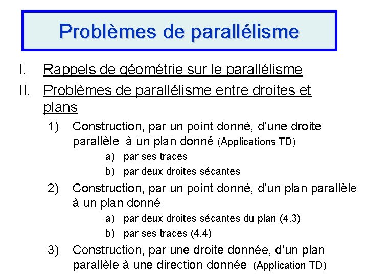 Problèmes de parallélisme I. Rappels de géométrie sur le parallélisme II. Problèmes de parallélisme