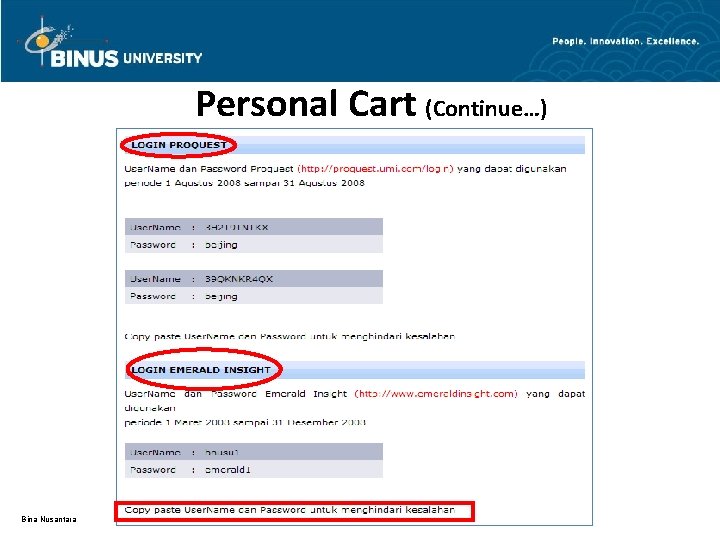 Personal Cart (Continue…) Bina Nusantara 