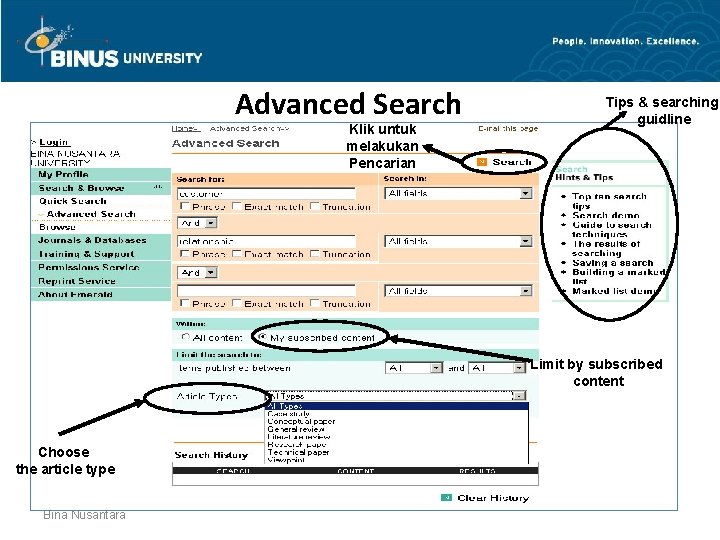 Advanced Search Klik untuk melakukan Pencarian Tips & searching guidline Limit by subscribed content