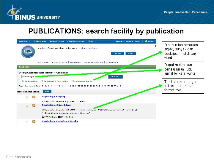 PUBLICATIONS: search facility by publication Disusun berdasarkan abjad, subyek dan deskripsi, match any word