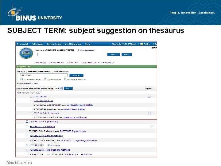 SUBJECT TERM: subject suggestion on thesaurus Bina Nusantara 