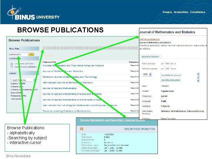 BROWSE PUBLICATIONS Browse Publications: - alphabetically -Searching by subject - interactive cursor Bina Nusantara