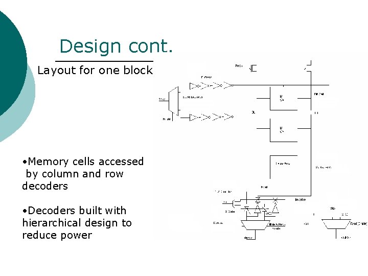 Design cont. Layout for one block • Memory cells accessed by column and row