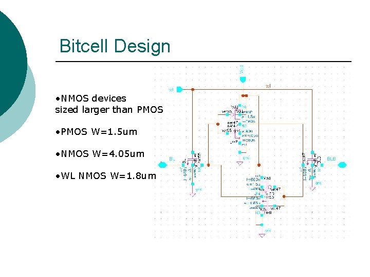 Bitcell Design • NMOS devices sized larger than PMOS • PMOS W=1. 5 um
