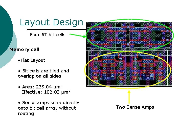 Layout Design Four 6 T bit cells Memory cell • Flat Layout • Bit
