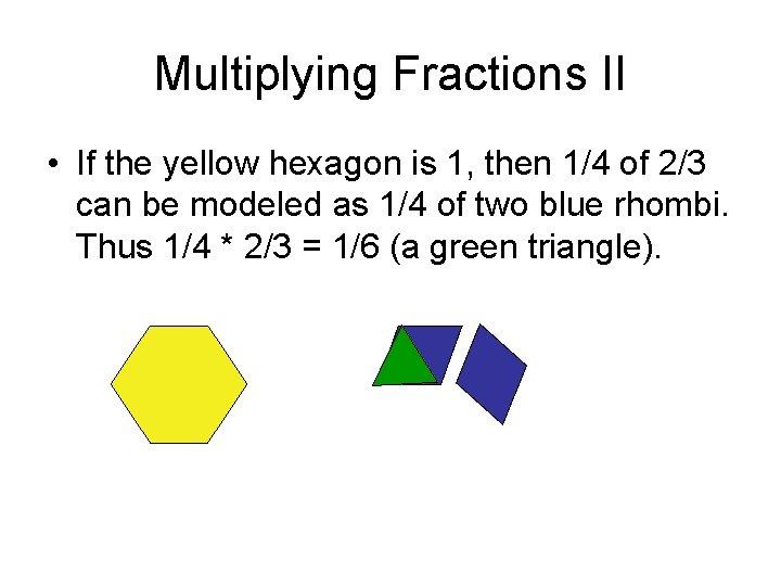 Multiplying Fractions II • If the yellow hexagon is 1, then 1/4 of 2/3