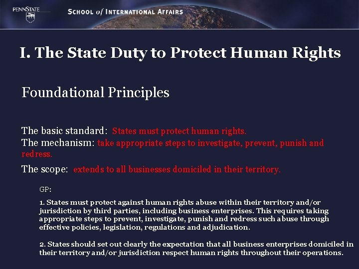 I. The State Duty to Protect Human Rights Foundational Principles The basic standard: States